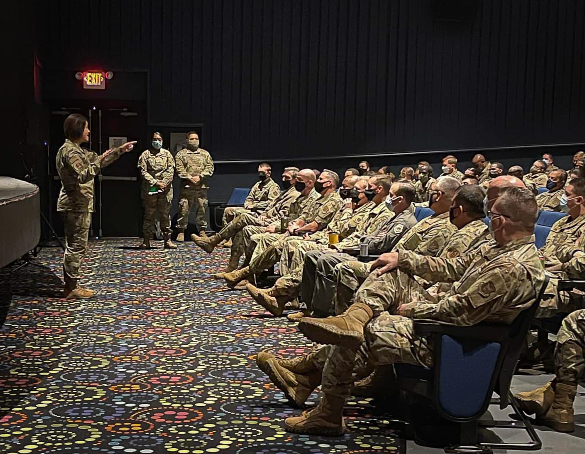 (left) Chief Master Sgt. of the Air Force JoAnne S. Bass speaks with Reserve Citizen Airmen from Tenth Air Force and the 301st Fighter Wing during the All-Call event at Naval Air Station Joint Reserve Base Fort Worth, Texas, Nov. 6, 2021. Chief Bass provides direction for the enlisted force and represents their interests, as appropriate, to the American public and to those in all levels of government. (U.S. Air Force photo by Capt. Jessica Gross)