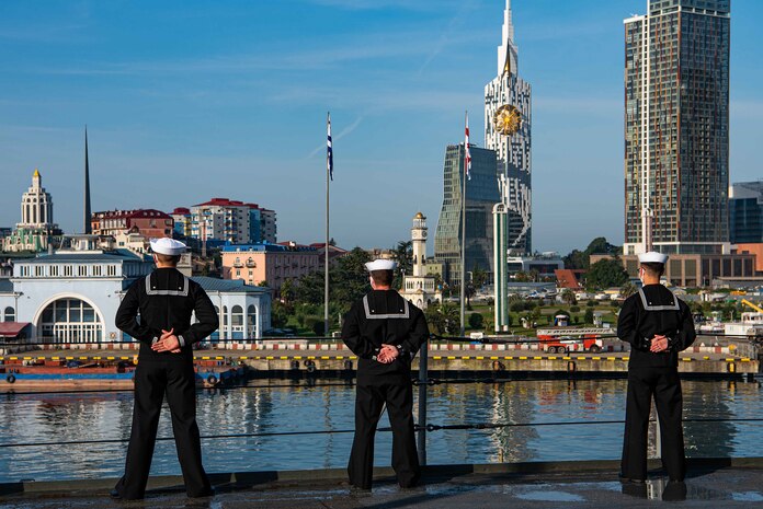 Sailors aboard the Blue Ridge-class command and control ship USS Mount Whitney (LCC 20) man the rails in Batumi, Georgia, Nov. 8, 2021.