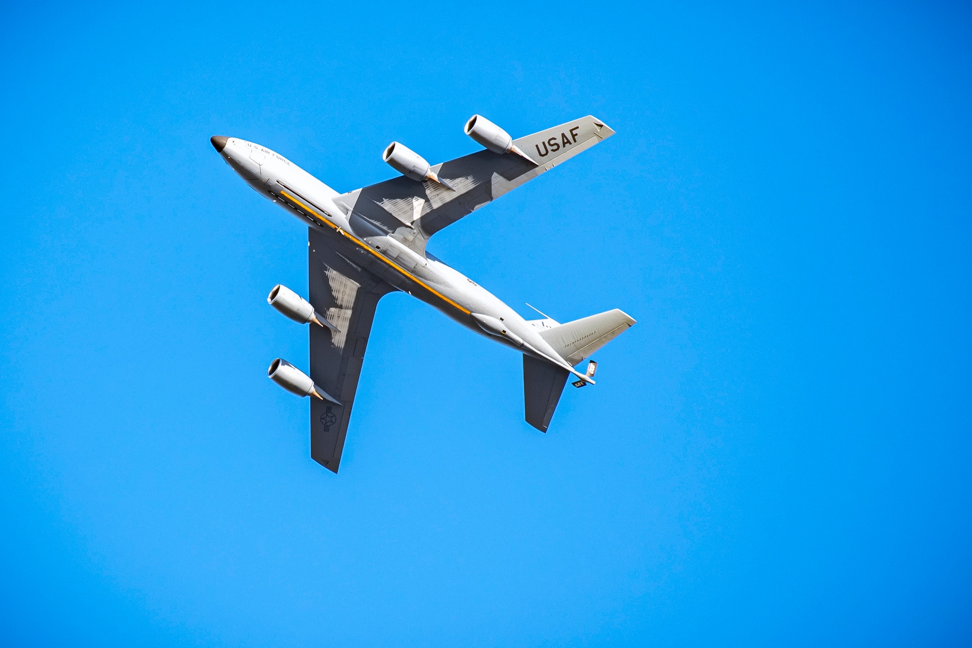 A KC-135 Stratotanker assigned to the 100th Air Refueling Wing flies overhead at RAF Fairford, England, Nov. 1, 2021. Airmen from the 100th ARW conducted operations out of RAFF as part of an Agile Combat Employment exercise. The operations taking place at Fairford provide a dynamic and partnership-focused training environment which ensures U.S. forces remain postured to deliver airpower across the European theater while strengthening interoperability with our NATO allies. (U.S. Air Force photo by Senior Airman Eugene Oliver)