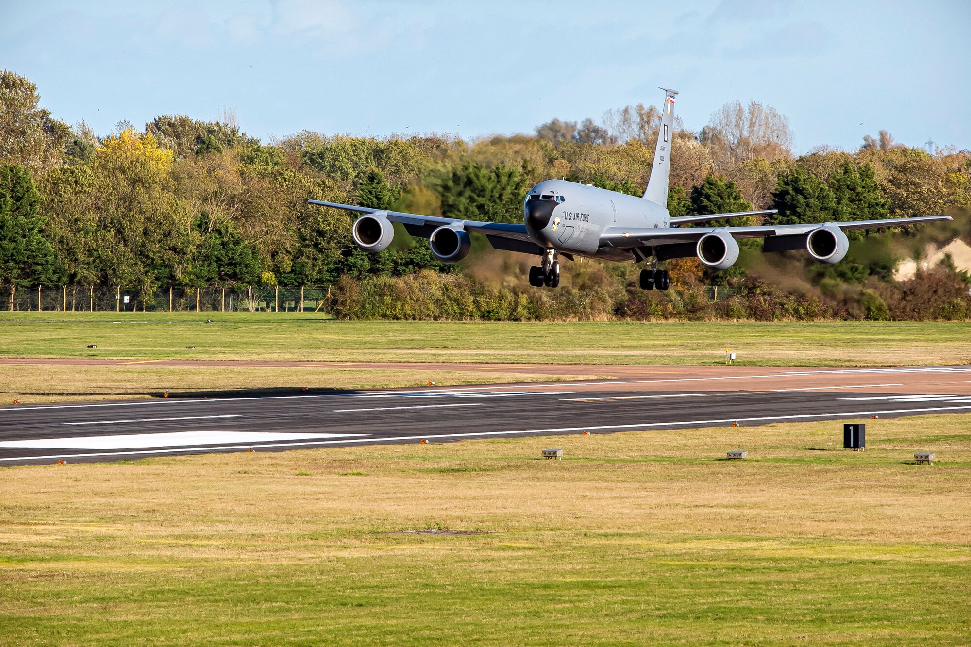 A KC-135 Stratotanker assigned to the 100th Air Refueling Wing approaches for landing at RAF Fairford, England, Nov. 1, 2021. Airmen from the 100th ARW conducted operations out of RAFF as part of an Agile Combat Employment exercise. ACE enables U.S. forces in Europe to operate from locations with varying levels of capacity and support. This further ensures Airmen and aircrews are postured to deliver lethal combat power across the full spectrum of military operations. (U.S. Air Force photo by Senior Airman Eugene Oliver)