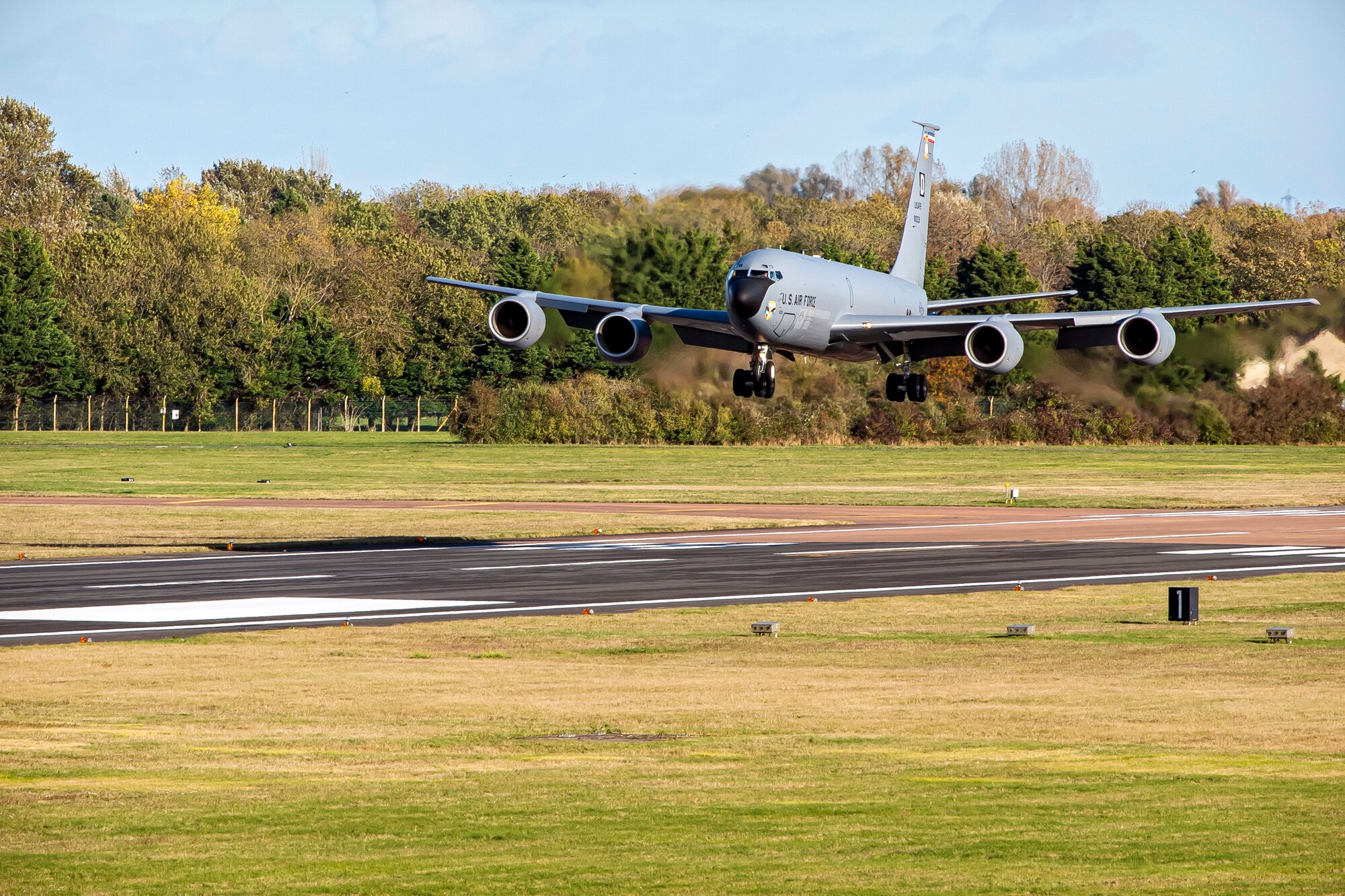 A KC-135 Stratotanker assigned to the 100th Air Refueling Wing approaches for landing at RAF Fairford, England, Nov. 1, 2021. Airmen from the 100th ARW conducted operations out of RAFF as part of an Agile Combat Employment exercise. ACE enables U.S. forces in Europe to operate from locations with varying levels of capacity and support. This further ensures Airmen and aircrews are postured to deliver lethal combat power across the full spectrum of military operations. (U.S. Air Force photo by Senior Airman Eugene Oliver)