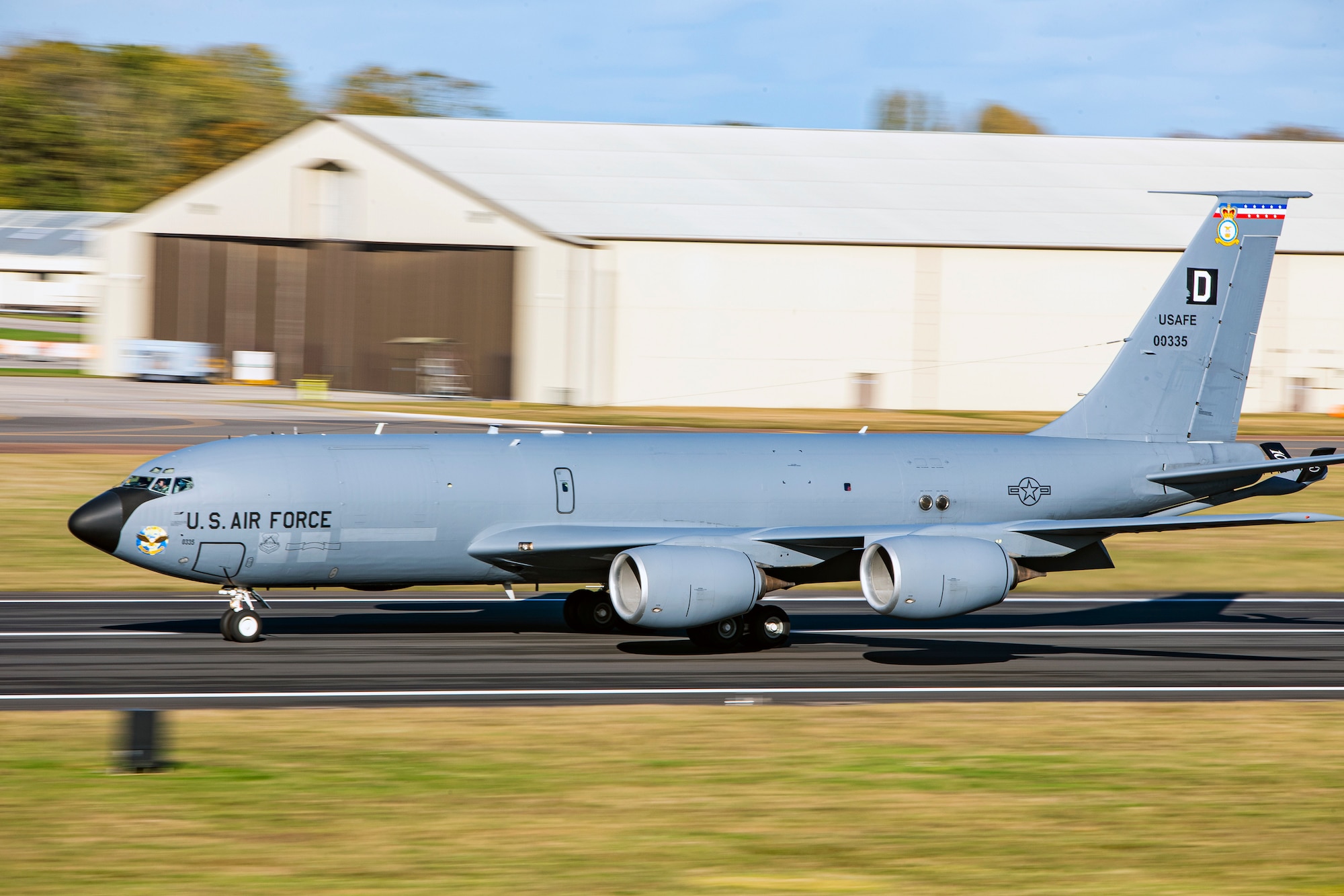 A KC-135 Stratotanker assigned to the 100th Air Refueling Wing lands on the flightline at RAF Fairford, England, Nov. 1, 2021. Airmen from the 100th ARW conducted operations out of RAFF as part of an Agile Combat Employment exercise. Utilizing ACE concepts ensures that U.S. forces in Europe are better equipped to operate from locations with varying levels of capacity and support to accomplish the mission. This further ensures Airmen and aircrews are postured to deliver lethal combat power across the full spectrum of military operations. (U.S. Air Force photo by Senior Airman Eugene Oliver)