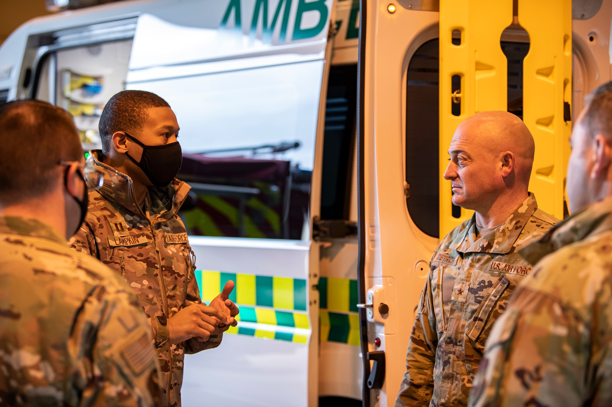 U.S. Air Force Capt. Lawrence Lampkin, left, 501st Combat Support Wing logistics officer, speaks with Brig. Gen. George T. Dietrich III, U.S. Air Forces in Europe - Air Forces Africa director of logistics, engineering and force protection, at RAF Molesworth, England, Nov. 3, 2021. Dietrich visited with Airmen from five geographically separated units across the wing and learned more about the unique mission of the 501st CSW. (U.S. Air Force photo by Senior Airman Eugene Oliver)