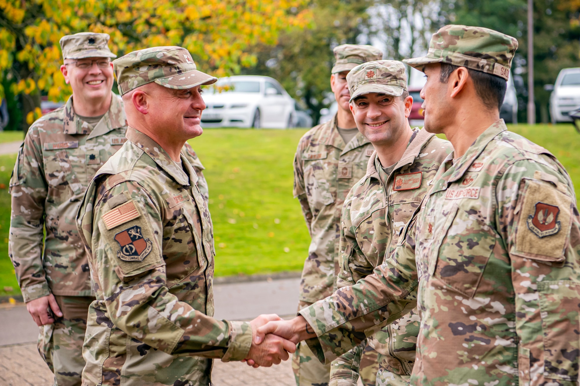 U.S. Air Force Brig. Gen. George T. Dietrich III, U.S. Air Forces in Europe - Air Forces Africa director of logistics, engineering and force protection, shakes hands with Maj. Jethro Sadorra, 423rd Civil Engineer Squadron commander, at RAF Croughton, England, Nov. 3, 2021. Dietrich visited with Airmen from five geographically separated units across the wing and learned more about the unique mission of the 501st CSW. (U.S. Air Force photo by Senior Airman Eugene Oliver)