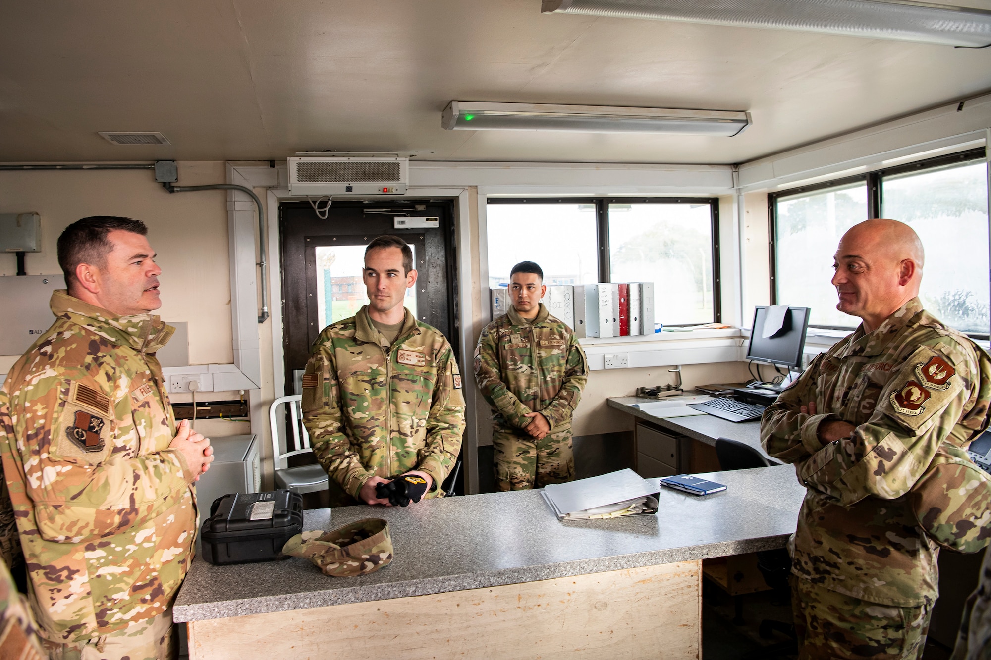 U.S. Air Force Col. Brian Filler, 501st Combat Support Wing commander, left, speaks with Brig. Gen. George T. Dietrich III, U.S. Air Forces in Europe - Air Forces Africa director of logistics, engineering and force protection, at RAF Molesworth, England, Nov. 3, 2021. Dietrich visited with Airmen from five geographically separated units across the wing and learned more about the unique mission of the 501st CSW. (U.S. Air Force photo by Senior Airman Eugene Oliver)