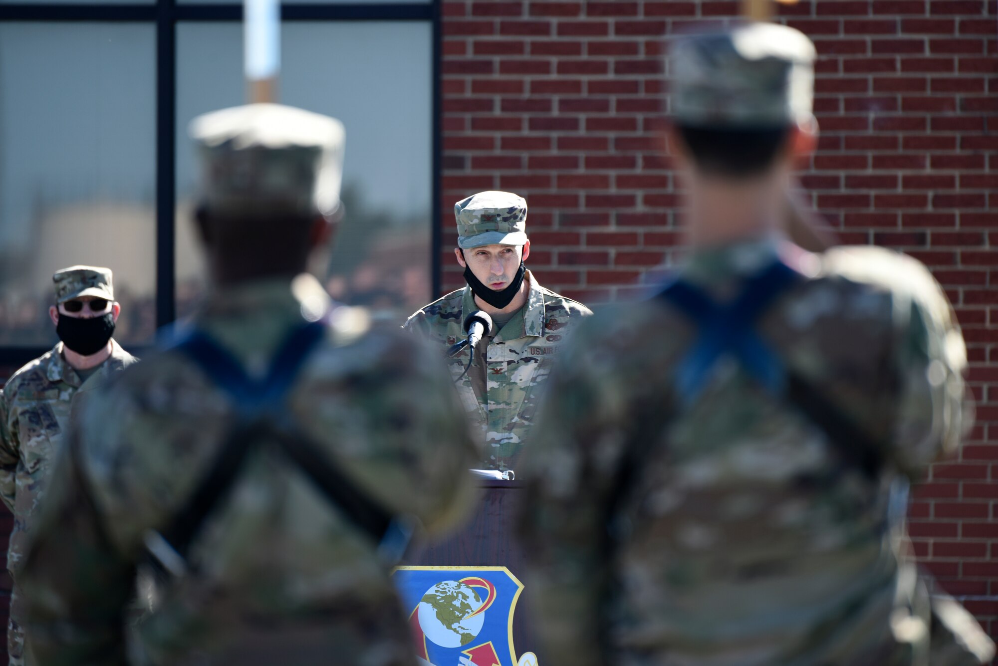 U.S. Air Force Col. Joseph H. “Jaye” Stepp IV, 145th Airlift Wing commander, addresses Airmen during a ramp formation held at the North Carolina Air National Guard (NCANG) Base, Charlotte Douglas International Airport, Nov. 7, 2021. The Ramp Formation is a time-honored tradition at the NCANG in which the 145th Airlift Wing Commander is able to address their Airmen as a whole and incite moral and a better understanding for the mission of the NCANG.