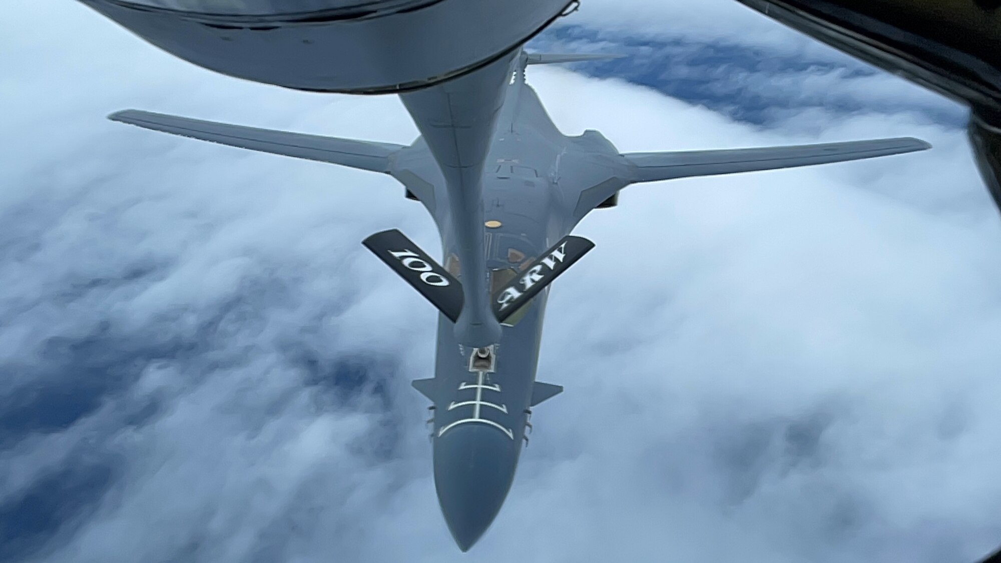 A U.S. Air Force B-1B Lancer aircraft assigned to the 9th Expeditionary Bomb Squadron receives fuel from a KC-135 Stratotanker aircraft assigned to the 100th Air Refueling Wing, Royal Air Force Mildenhall, England, during exercise Castle Forge off the coast of Norway, Nov. 1, 2021. The complexity of the European continent makes operating with allies and partners throughout Europe an imperative. Alongside F-15 operations in the Black Sea Region, Castle Forge encompasses the USAFE MAJCOM-wide Agile Combat Employment Initial Operating Capability capstone event. Both Castle Forge’s components will better enable forces to quickly disperse and continue to deliver air power from locations with varying levels of capacity and support, ensuring Airmen are always ready to respond to potential threats. (U.S. Air Force photo by Senior Airman Joseph Barron)