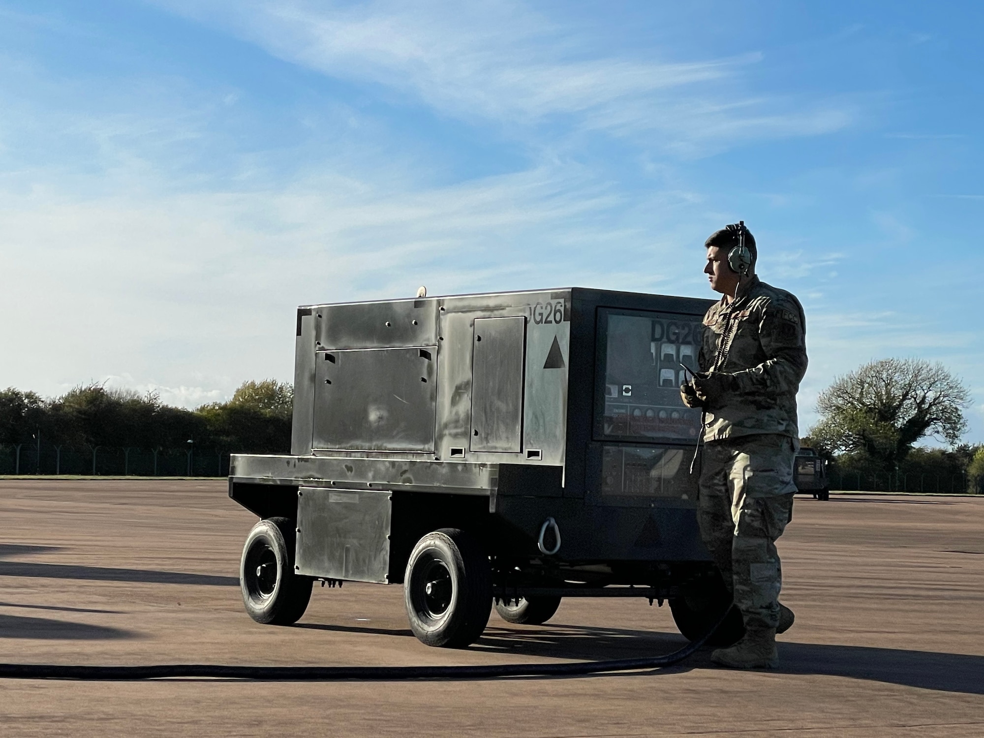 A U.S. Airman assigned to the 100th Aircraft Maintenance Squadron uses a power cart to deliver power to a KC-135 Stratotanker aircraft while performing postflight maintenance during exercise Castle Forge at Royal Air Force Mildenhall, England, Nov. 1, 2021. The U.S. Air Force’s forward-deployed forces are engaged, postured and ready with credible force to assure, deter and defend in an increasingly complex security environment. Alongside F-15 operations in the Black Sea Region, Castle Forge encompasses the USAFE MAJCOM-wide Agile Combat Employment Initial Operating Capability capstone event. Both Castle Forge’s components will better enable forces to quickly disperse and continue to deliver air power from locations with varying levels of capacity and support, ensuring Airmen are always ready to respond to potential threats. (U.S. Air Force photo by Senior Airman Joseph Barron)