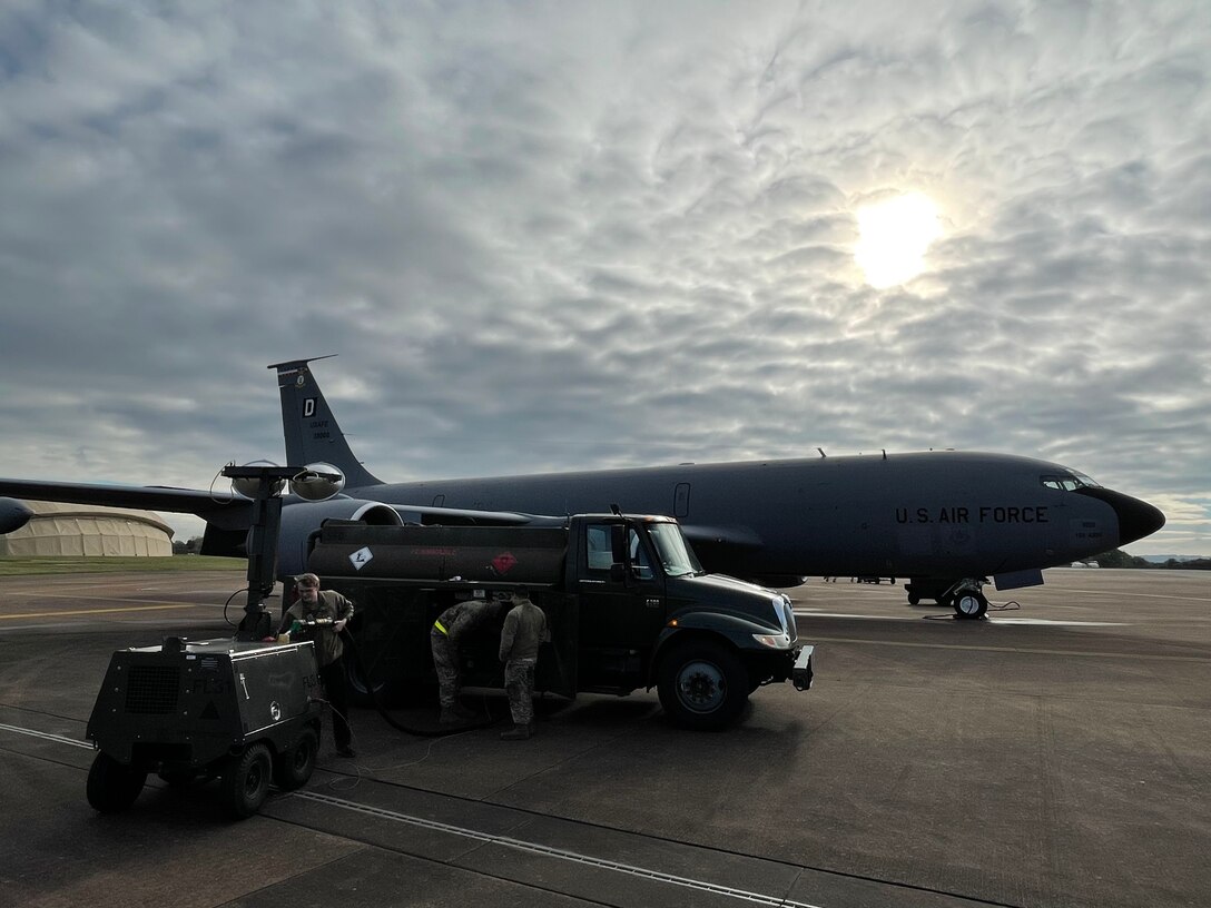 U.S. Airmen assigned to the 100th Air Refueling Wing refuel aerospace ground equipment during exercise Castle Forge at Royal Air Force Fairford, England, Nov. 3, 2021. The U.S. Air Force’s forward-deployed forces are engaged, postured and ready with credible force to assure, deter and defend in an increasingly complex security environment. In addition to F-15 Eagle aircraft operations in the Black Sea Region, Castle Forge encompasses the USAFE-wide ACE capstone event. Castle Forge’s components will better enable forces to quickly disperse and continue to deliver air power from locations with varying levels of capacity and support, ensuring Airmen are always ready to respond to potential threats. (U.S. Air Force photo by Senior Airman Joseph Barron)