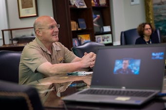 WASHINGTON (Nov. 8, 2021) Chief of Naval Operations (CNO) Adm. Mike Gilday speaks with Royal Navy Adm. Sir Ben Key, First Sea Lord and Chief of the Naval Staff of the United Kingdom. The teleconference took place on Adm. Key’s initial day as First Sea Lord. (U.S. Navy photo by Mass Communication Specialist 1st Class Sean Castellano/Released)