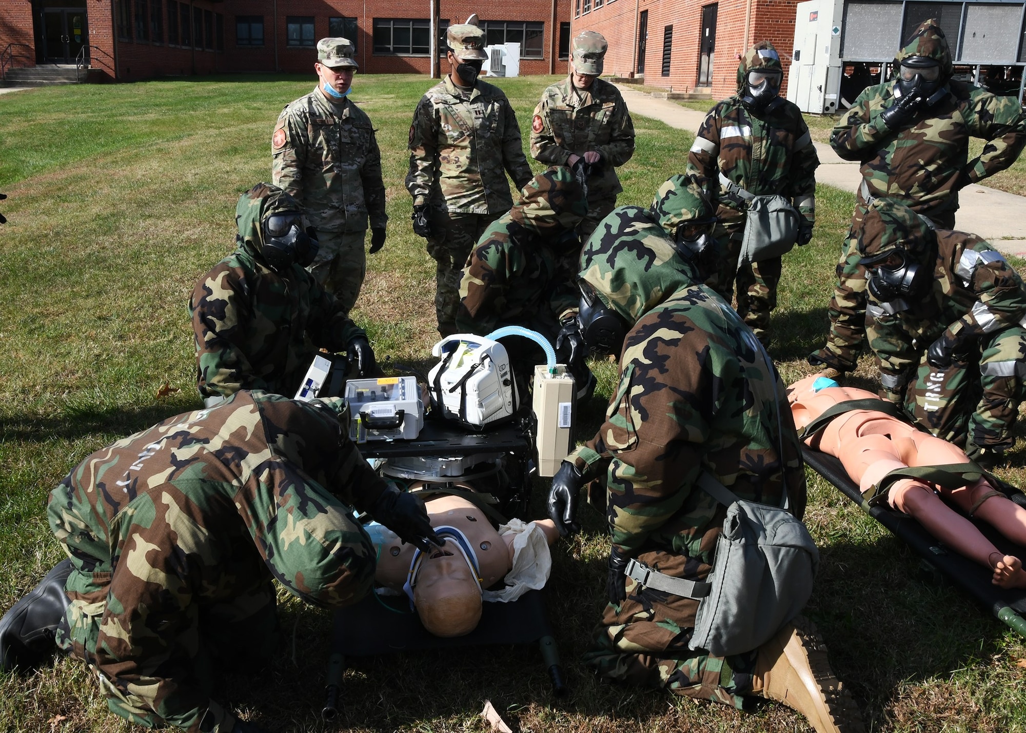 Members of the 459th Aeromedical Staging Squadron practice en route patient staging system training Nov. 7, 2021, at Joint Base Andrews, Md. The training is held periodically to ensure mission readiness. (U.S. Air Force photo by Staff Sgt. Cierra Presentado)