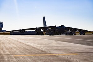 A B-52H Stratofortress assigned to the 5th Bomb Wing sits on the flight line during Global Thunder 22 operations on Nov. 3, 2021 at Minot Air Force Base, N.D. Global Thunder 22 is a USSTRATCOM exercise designed to provide training opportunities, test, and validate command, control, and operational procedures. (U.S. Air Force photo by Senior Airman Michael Richmond)