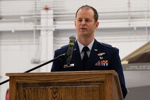 U.S. Air Force Lt. Col. Ryan Worrell, the 356th Fighter Squadron (FS) commander, delivers remarks during a change of command ceremony on Eielson Air Force Base, Alaska, Nov. 5, 2021.