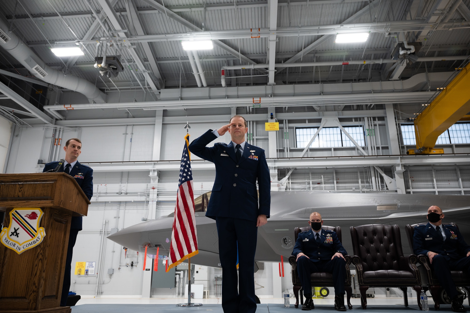 U.S. Air Force Lt. Col. Ryan Worrell, the 356th Fighter Squadron (FS) commander, renders the first squadron salute during a change of command ceremony on Eielson Air Force Base, Alaska, Nov. 5, 2021.