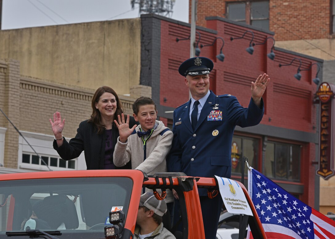 U.S. Air Force Col. Matthew Reilman, 17th Training Wing commander, rides in a vehicle during the Veterans Day Parade in downtown San Angelo, Texas, Nov. 6, 2021. The local San Angelo community hosted the Veteran’s Day Parade to commemorate Veteran’s Day, the 20th anniversary of Sept. 11, 2001 and the 30th anniversary of Desert Storm. (U.S. Air Force photo by Senior Airman Ashley Thrash)