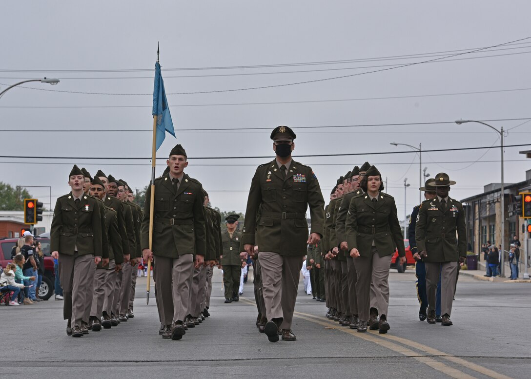 The 344th Military Intelligence Battalion marches in the Veterans Day Parade in downtown San Angelo, Texas, Nov. 6, 2021. Goodfellow permanent party and students represented multiple branches of the U.S. Armed Forces in the parade. (U.S. Air Force photo by Senior Airman Ashley Thrash)