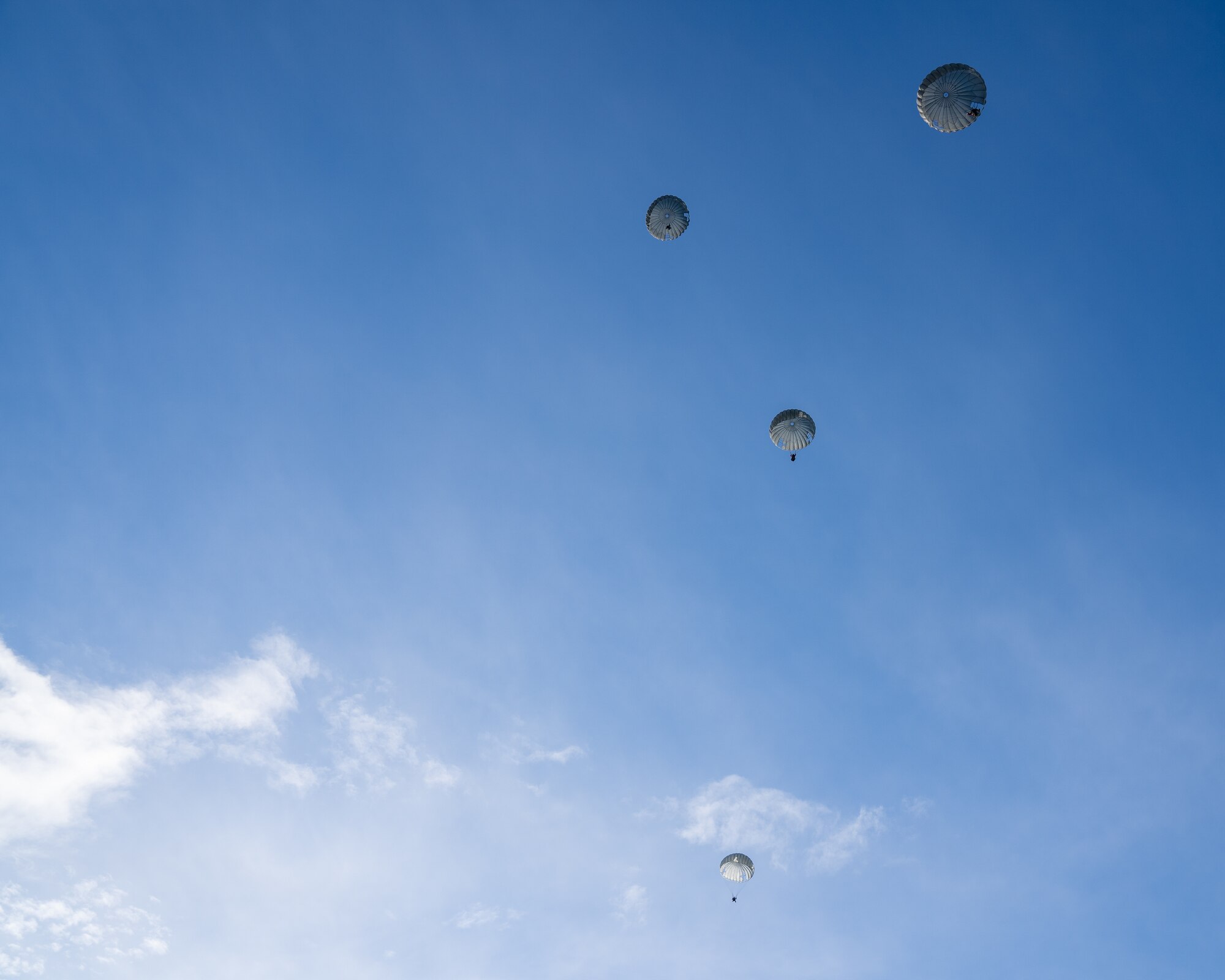U.S. Air Force pararescuemen assigned to the 212th Rescue Squadron, Alaska Air National Guard, descend upon Malemute Drop Zone during a training event at Joint Base Elmendorf-Richardson.