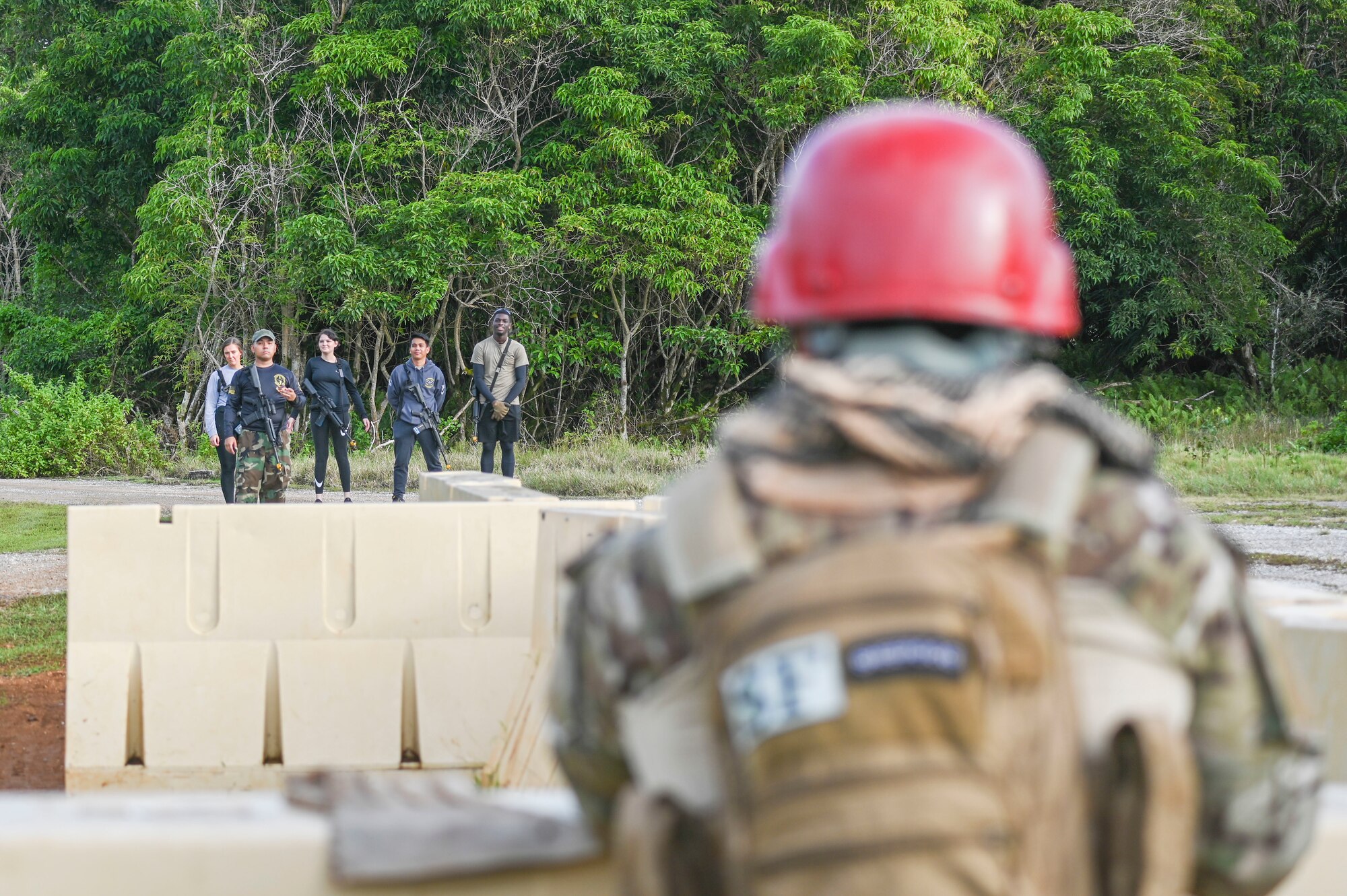 A group of people looking toward a man guarding a base.