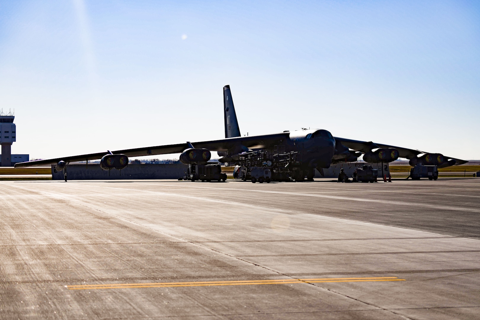 A B-52H Stratofortress assigned to the 5th Bomb Wing sits on the flight line during Global Thunder 22 operations on Nov. 3, 2021 at Minot Air Force Base, N.D. Global Thunder 22 is a USSTRATCOM exercise designed to provide training opportunities, test, and validate command, control, and operational procedures. (U.S. Air Force photo by Senior Airman Michael Richmond)