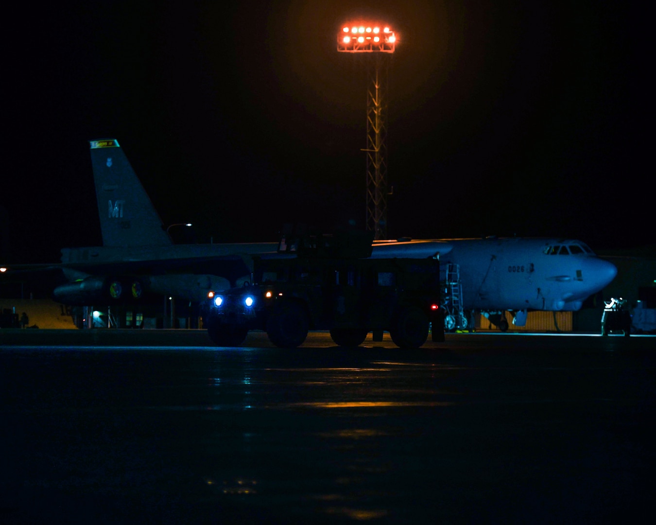 Defenders assigned to the 5th Bomb Wing keep watch on the flight-line, safeguarding personnel and assets as well as guard against any threats during Global Thunder 22 on Nov. 3, 2021 at Minot Air Force Base, N.D. Global Thunder 22 is a U.S. Strategic Command exercise designed to provide training opportunities, test, and validate command, control, and operational procedures. (U.S. Air Force Photo by Senior Airman Michael Richmond)