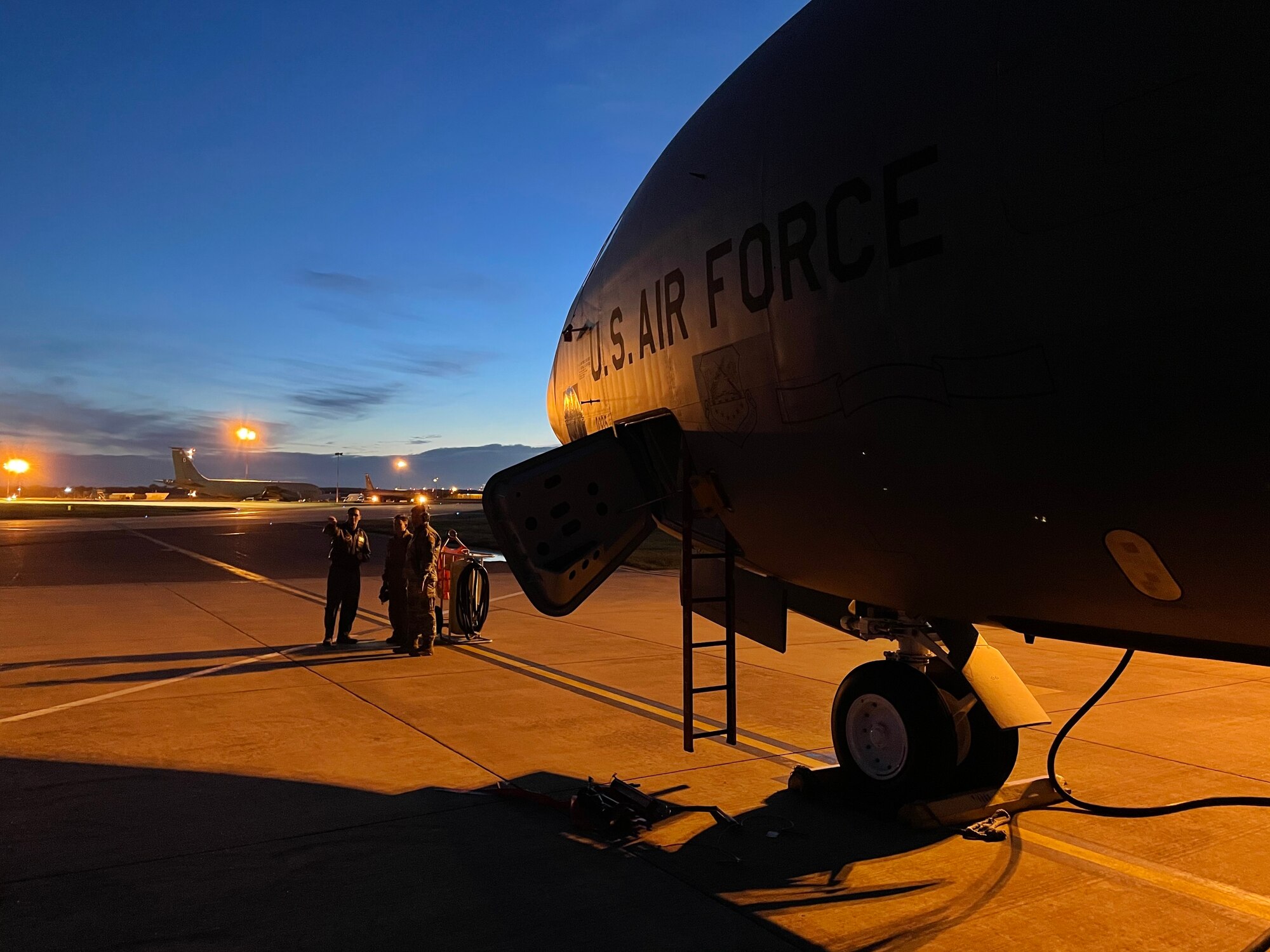 U.S. Airmen assigned to the 100th Air Refueling Wing conduct a preflight walk-around of a KC-135 Stratotanker aircraft before conducting a refueling mission during exercise Castle Forge at Royal Air Force Mildenhall, England, Nov. 1, 2021. The U.S. Air Force’s forward-deployed forces are engaged, postured and ready with credible force to assure, deter and defend in an increasingly complex security environment. Alongside F-15 operations in the Black Sea Region, Castle Forge encompasses the USAFE MAJCOM-wide Agile Combat Employment Initial Operating Capability capstone event. Both Castle Forge’s components will better enable forces to quickly disperse and continue to deliver air power from locations with varying levels of capacity and support, ensuring Airmen are always ready to respond to potential threats. (U.S. Air Force photo by Senior Airman Joseph Barron)