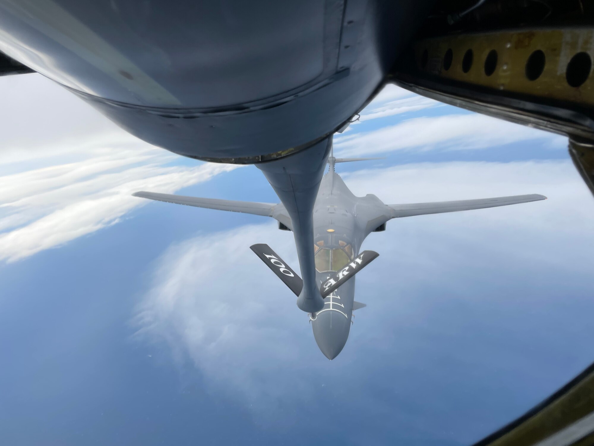 A U.S. Air Force B-1B Lancer aircraft assigned to the 9th Expeditionary Bomb Squadron approaches a KC-135 Stratotanker aircraft assigned to the 100th Air Refueling Wing, Royal Air Force Mildenhall, England, to receive fuel during exercise Castle Forge off the coast of Norway, Nov. 1, 2021. Forward-deployed forces are engaged, postured and ready with credible force to assure, deter and defend in an increasingly complex security environment. Alongside F-15 operations in the Black Sea Region, Castle Forge encompasses the USAFE MAJCOM-wide Agile Combat Employment Initial Operating Capability capstone event. Both Castle Forge’s components will better enable forces to quickly disperse and continue to deliver air power from locations with varying levels of capacity and support, ensuring Airmen are always ready to respond to potential threats. (U.S. Air Force photo by Senior Airman Joseph Barron)