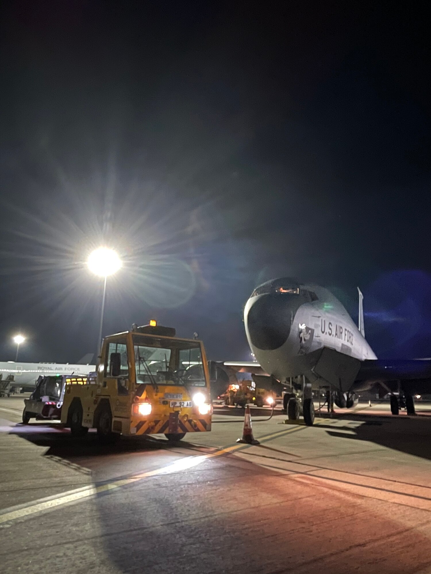 A U.S. Air Force KC-135 Stratotanker aircraft assigned to the 100th Air Refueling Wing, Royal Air Force Mildenhall, England, sits on the flightline during exercise Castle Forge at RAF Brize Norton, England, Nov. 2, 2021. The U.S. Air Force’s forward-deployed forces are engaged, postured and ready with credible force to assure, deter and defend in an increasingly complex security environment. In addition to F-15 Eagle aircraft operations in the Black Sea Region, Castle Forge encompasses the USAFE-wide Agile Combat Employment capstone event. Castle Forge’s components will better enable forces to quickly disperse and continue to deliver air power from locations with varying levels of capacity and support, ensuring Airmen are always ready to respond to potential threats.  (U.S. Air Force photo by Senior Airman Joseph Barron)