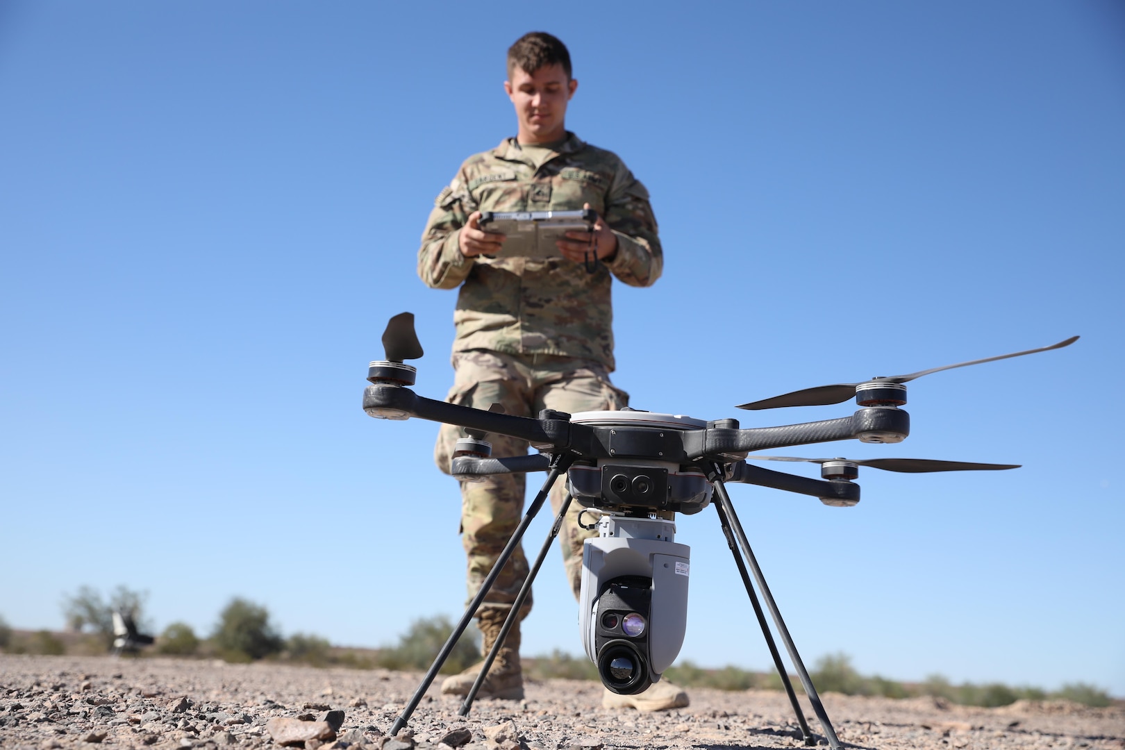 A soldier operates a military drone.