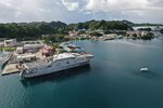 U.S. Military Sealift command’s Spearhead-class expeditionary fast transport ship, City of Bismarck, floats while docked at the Commercial Seaport of Palau in Koror, Republic of Palau, Nov. 5, 2021. Military Sealift Command Far East ensures approximately 50 ships in the Indo-Pacific region, including City of Bismarck, are manned, trained and equipped to deliver essential supplies, fuel, cargo, and equipment to warfighters, both at sea and on shore. The ship is currently supporting Task Force Koa Moana 21, I Marine Expeditionary Force by transporting gear and personnel from California to the Republic of Palau. (U.S. Marine Corps photo by Cpl. Atticus Martinez)