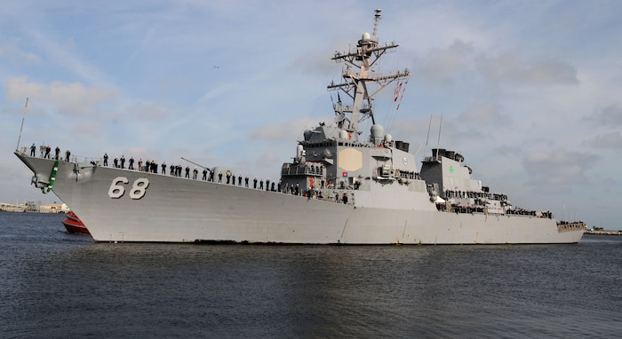 The Arleigh Burke-class guided-missile destroyer USS The Sullivans (DDG 68) returns to her homeport of Mayport, Fla., following the completion of a six-month deployment.