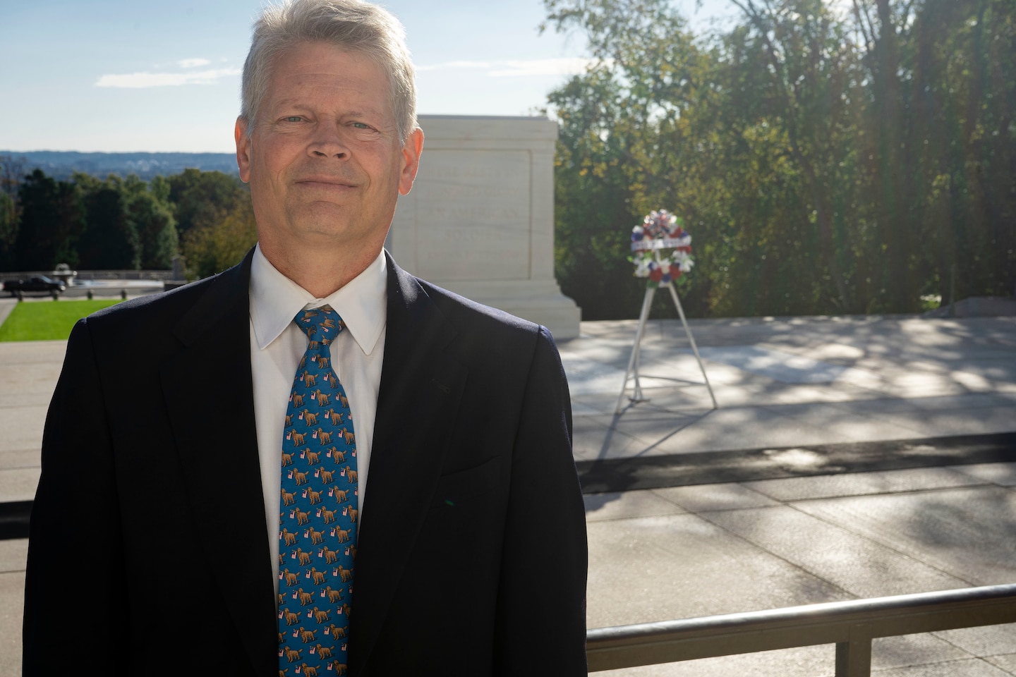 U.S. Navy Veteran Mike Rafter, U.S. Army Corps of Engineers, Baltimore District, Construction Services Branch chief, pays tribute at the Arlington National Cemetery's Tomb of the Unknown Soldier in Arlington, Va., Oct. 22, 2021. One hundred years after World War I Unknown's burial, the Tomb of the Unknown Soldier symbolizes service and sacrifice, mourning and memory. (U.S. Army photo by Greg Nash)