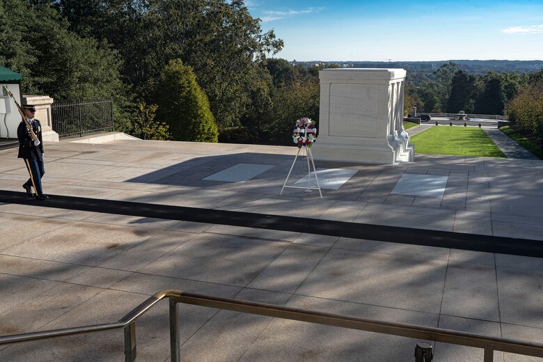 A Sentinel from the 3rd U.S. Infantry Regiment performs ceremonial duties during a Changing of the Guard demonstration at the Arlington National Cemetery’s Tomb of the Unknown Soldier in Arlington, Va., Oct. 22, 2021. This year marks the 100th anniversary of The Tomb of the Unknown Soldier – a lasting symbol of the courage, bravery, and sacrifices of generations of American Soldiers. The nation is forever indebted to all who have served our nation and made the ultimate sacrifice for freedom. (U.S. Army photo by Greg Nash)