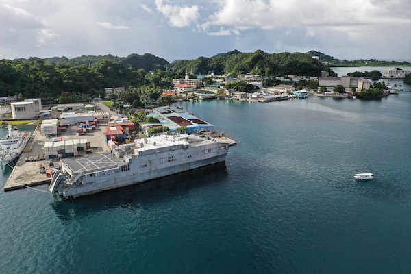 U.S. Military Sealift command’s Spearhead-class expeditionary fast transport ship, City of Bismarck, floats while docked at the Commercial Seaport of Palau in Koror, Republic of Palau, Nov. 5, 2021. Military Sealift Command Far East ensures approximately 50 ships in the Indo-Pacific region, including City of Bismarck, are manned, trained and equipped to deliver essential supplies, fuel, cargo, and equipment to warfighters, both at sea and on shore. The ship is currently supporting Task Force Koa Moana 21, I Marine Expeditionary Force by transporting gear and personnel from California to the Republic of Palau. (U.S. Marine Corps photo by Cpl. Atticus Martinez)