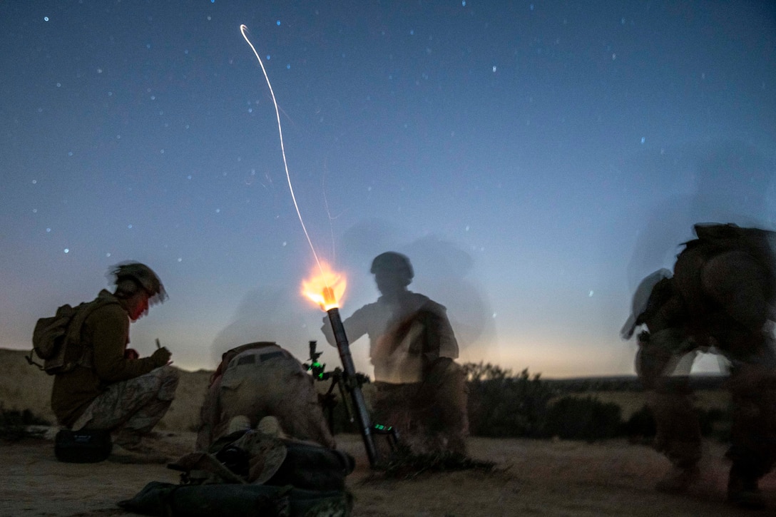 Marines assigned to Alpha Company, Battalion Landing Team 1/1, 11th Marine Expeditionary Unit, fire an M224 60mm mortar system during a night live-fire and maneuver range in support of an Israel interoperability exercise at Bislah Training Center, Israel, Nov. 4. This is the United States’ and Israel’s first bilateral training since Israel joined the U.S. Central Command area of responsibility and is a robust demonstration of both nations’ commitment to stability in the region.