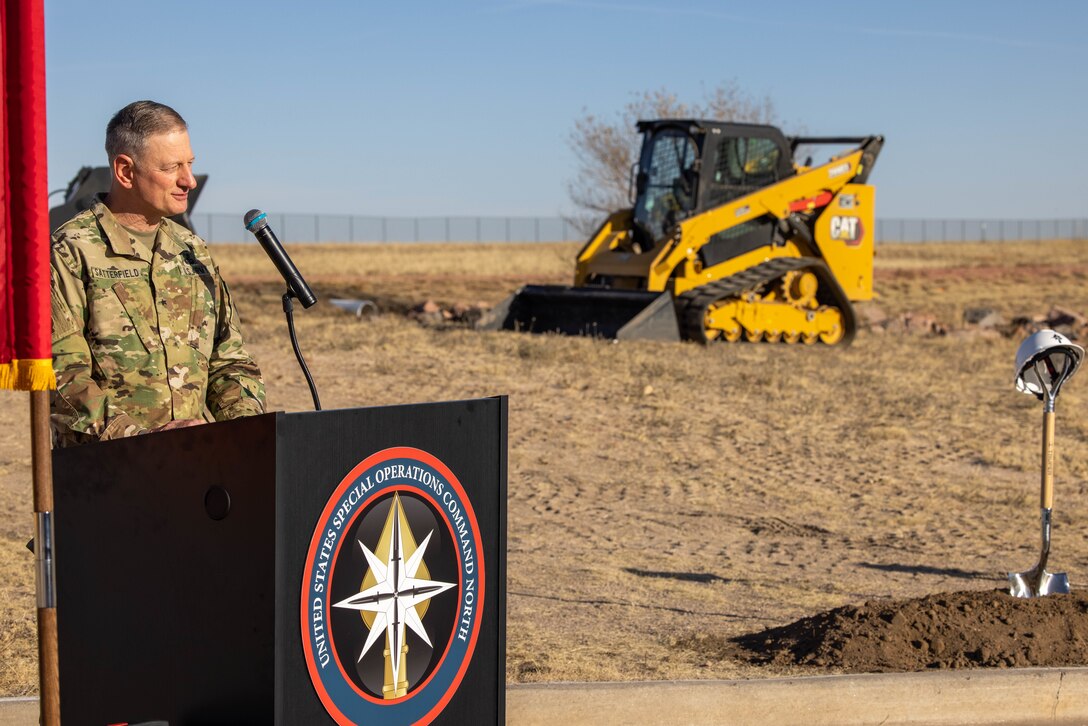 Officials broke ground on a new Special Operations Command North headquarters building at Peterson Space Force Base, Colorado, Nov. 8, 2021. The groundbreaking ceremony included Lt. Gen. A.C. Roper, deputy commander of U.S. Northern Command; Brig. Gen. Shawn R. Satterfield, commander of Special Operations Command North; Col. Shay Warakomski, commander, Peterson-Schriever Garrison; Heather Duggan, U.S. Army Corps of Engineers; and Craig Stearns, senior vice president of JE Dunn Construction. The $43.78 million project is scheduled for completion in September 2023. (DoD Photo by Tom Paul)