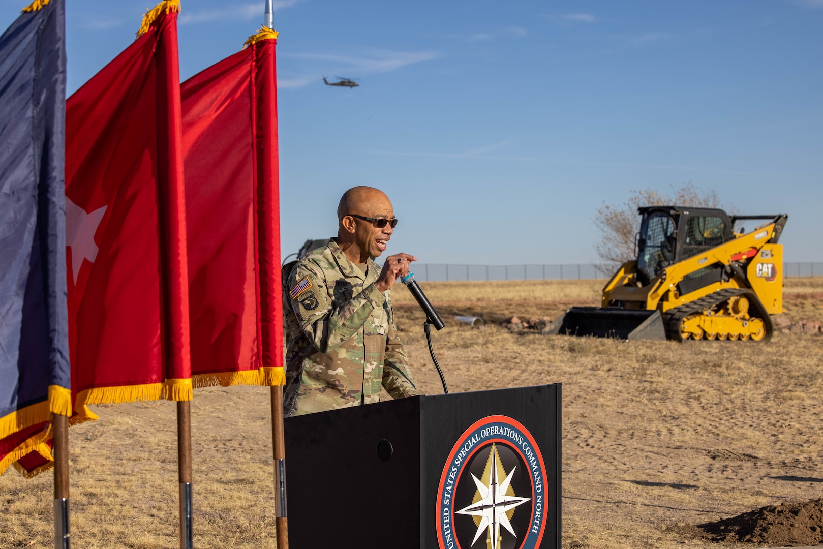 Officials broke ground on a new Special Operations Command North headquarters building at Peterson Space Force Base, Colorado, Nov. 8, 2021. The groundbreaking ceremony included Lt. Gen. A.C. Roper, deputy commander of U.S. Northern Command; Brig. Gen. Shawn R. Satterfield, commander of Special Operations Command North; Col. Shay Warakomski, commander, Peterson-Schriever Garrison; Heather Duggan, U.S. Army Corps of Engineers; and Craig Stearns, senior vice president of JE Dunn Construction. The $43.78 million project is scheduled for completion in September 2023. (DoD Photo by Tom Paul)