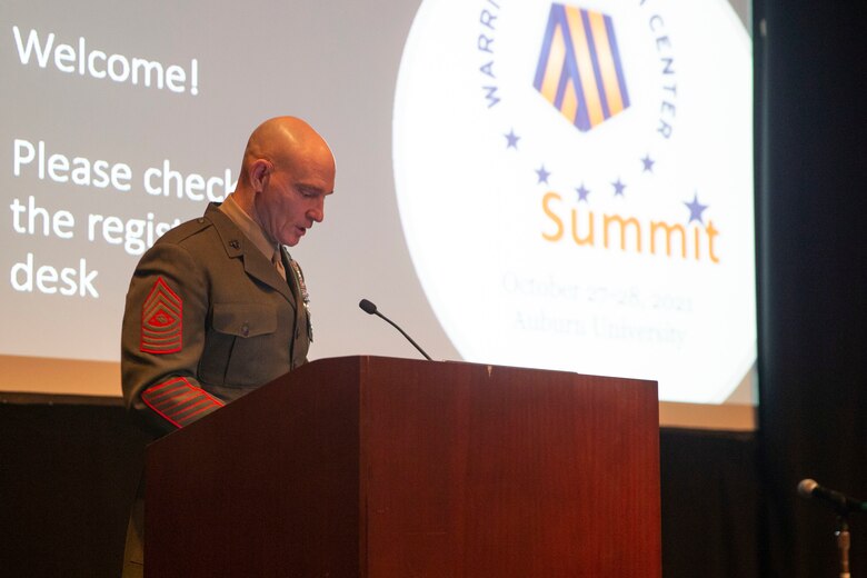 Sgt. Maj. Troy Black, the Sergeant Major of the Marine Corps, presents the Corps’ Human Performance program to a group of academia, tech industry representatives and military leaders on Oct. 27, 2021.