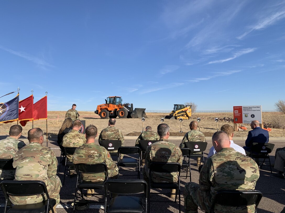 Officials broke ground on a new Special Operations Command North headquarters building at Peterson Space Force Base, Colorado, Nov. 8, 2021. The groundbreaking ceremony included Lt. Gen. A.C. Roper, deputy commander of U.S. Northern Command; Brig. Gen. Shawn R. Satterfield, commander of Special Operations Command North; Col. Shay Warakomski, commander of Peterson-Schriever Garrison; Heather Duggan, U.S. Army Corps of Engineers; and Craig Stearns, senior vice president of JE Dunn Construction. The $43.78 million project is scheduled for completion in September 2023. (DoD Photo by Lt. Ricky Rodriguez)