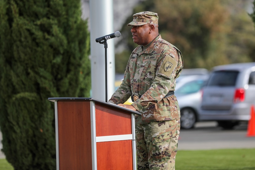 Brig. Gen. Isaac Johnson, Jr., outgoing commanding general, 351st Civil Affairs Command, addresses guests, family members and Soldiers during the change of command ceremony at the Sgt. James Witkowski Armed Forces Reserve Center, Mountain View, California, Saturday, Nov. 6, 2021.