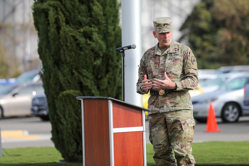 Brig. Gen. Christopher J. Dziubek, incoming commanding general, 351st Civil Affairs Command, outlines his plans for the future of the command during the change of command ceremony at the Sgt. James Witkowski Armed Forces Reserve Center, Mountain View, California, Saturday, Nov. 6, 2021.
