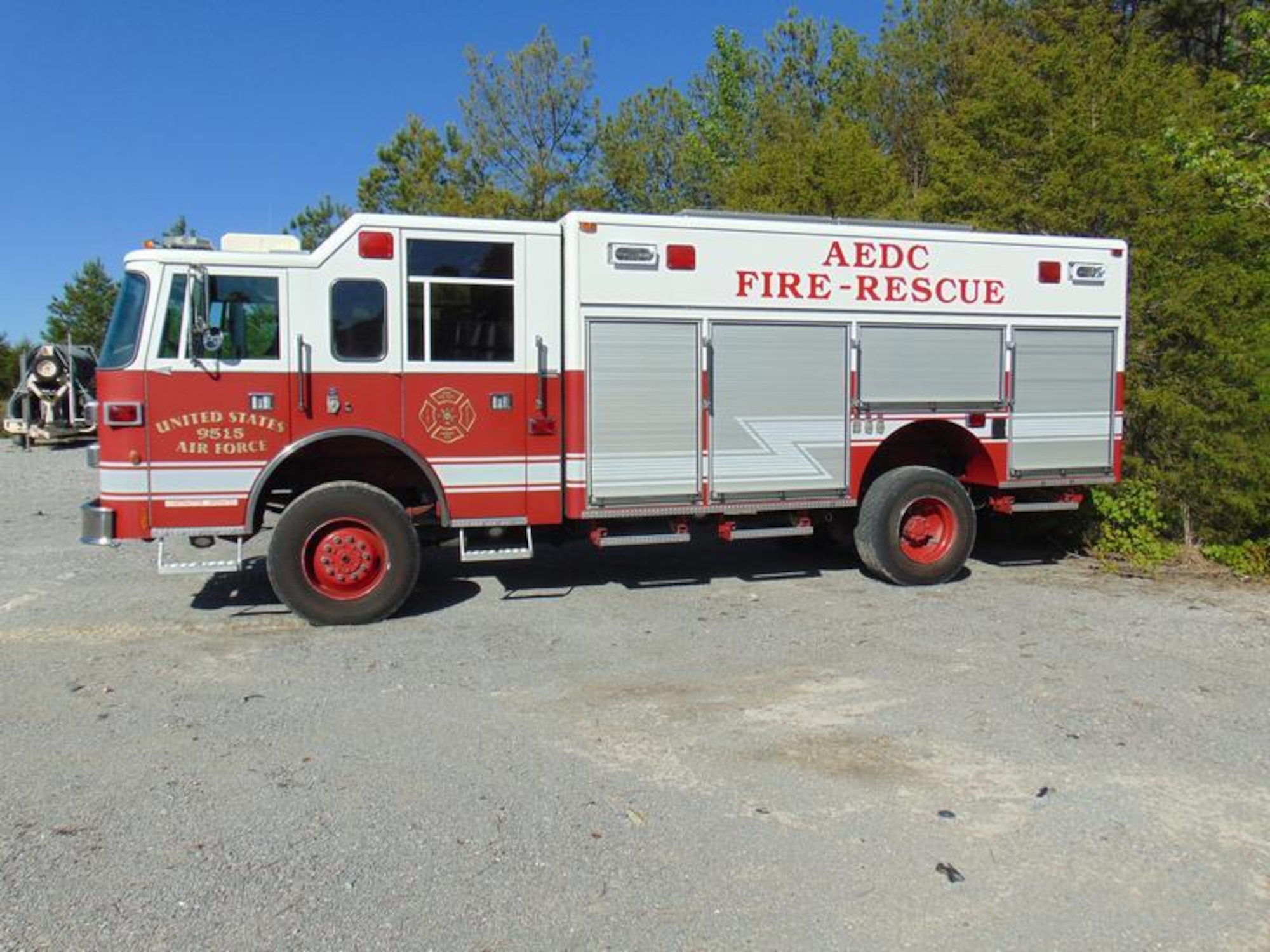 The P-28 Heavy Rescue Truck from Arnold Air Force Base Fire and Emergency Services, number 9515, pictured, was transferred to Strawberry Point Fire and Rescue in Strawberry Point, Iowa, over the summer through the General Services Administration program that allows organizations outside of the federal government to apply for excess federal assets. The truck had reached the end of its useful life at Arnold due to reaching 20 years of service on the base fleet and was slated for disposition when it was placed on the GSA asset list. (U.S. Air Force photo)