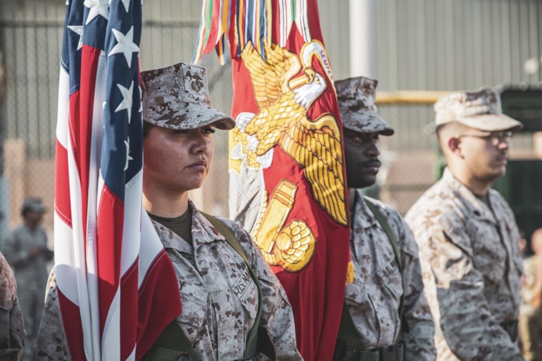 The Naval Amphibious Force, Task Force 51/5th Marine Expeditionary Brigade color guard waits for the start of the TF 51/5 Marine Corps birthday cake cutting ceremony in Bahrain, Nov. 9. TF 51/5 hosted a ceremony honoring the Marine Corps 246th birthday.