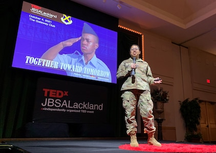 Staff Sgt. Julia Reyna on stage at TEDx