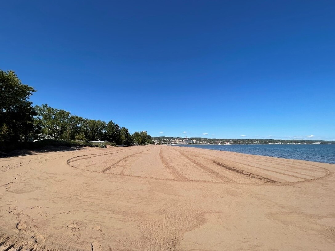 Final graded sand on Minnesota Point from 2021 Beach Nourishment placement operations.