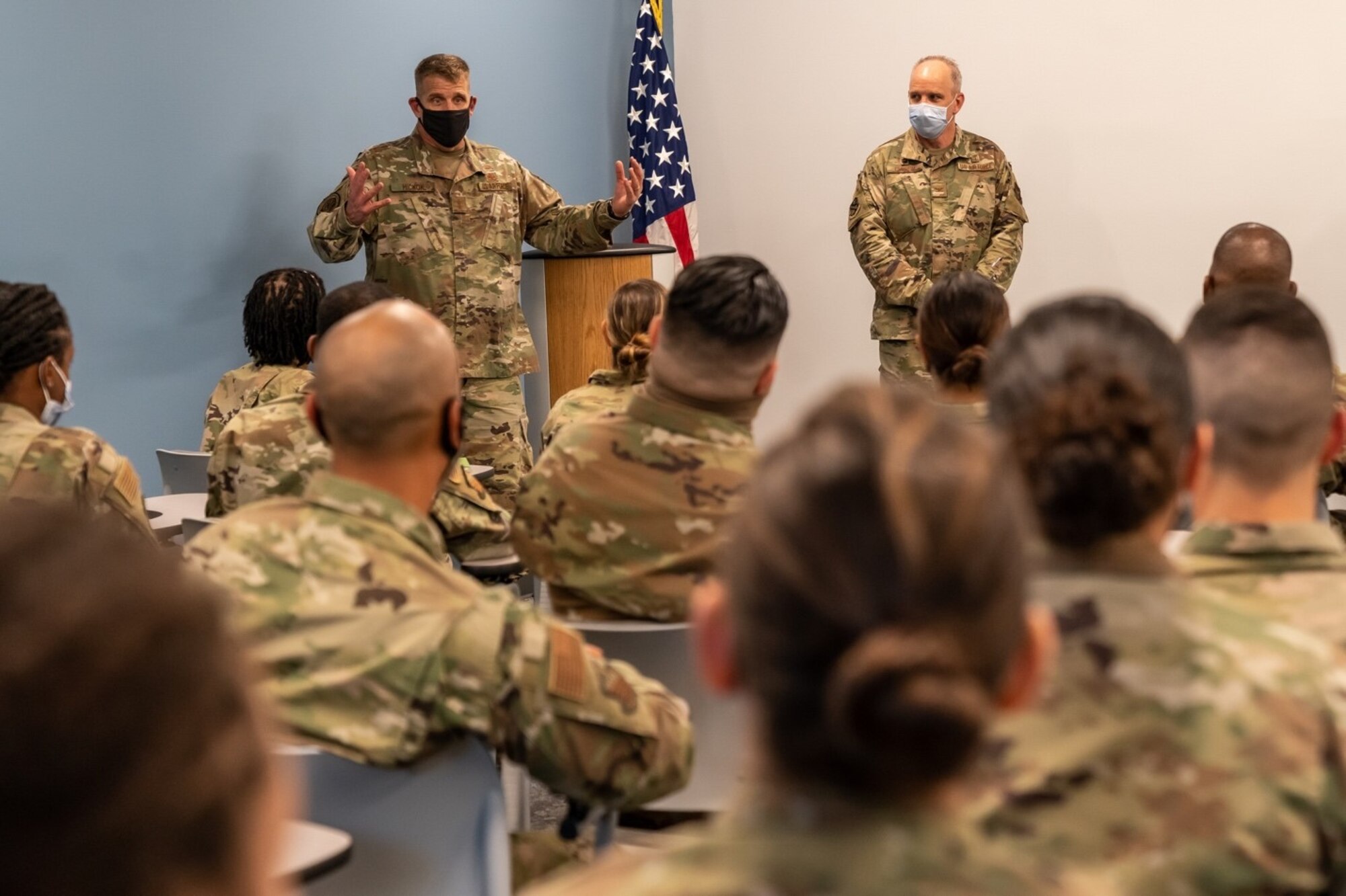 Maj. Gen. John Hickok, Air Force Reserve COVID-19 team lead, speaks to 482nd Medical Squadron personnel to thank them for all their hard work at Homestead Air Reserve Base, Fla., Nov. 6. (U.S. Air Force photo by Tech. Sgt. Lionel Castellano)