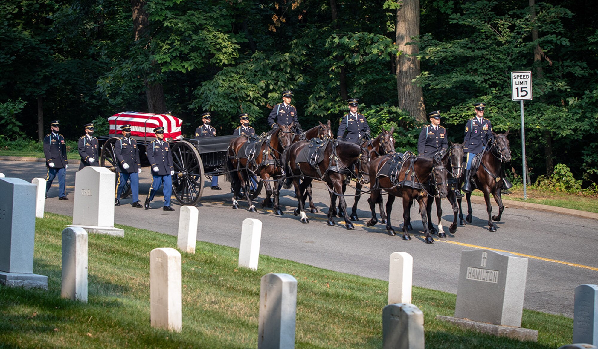 The Arlington National Cemetery Caisson Team carry Army Cpl. Norvin D. Brockett to his burial site on July 21, 2021. The Third Infantry Regiment United States Army, more commonly known as the Old Guard, is always responsible for caisson.