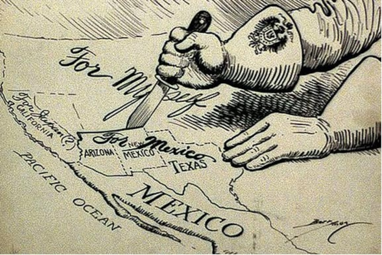A cartoon drawing shows a hand cutting Arizona and New Mexico out of a map.