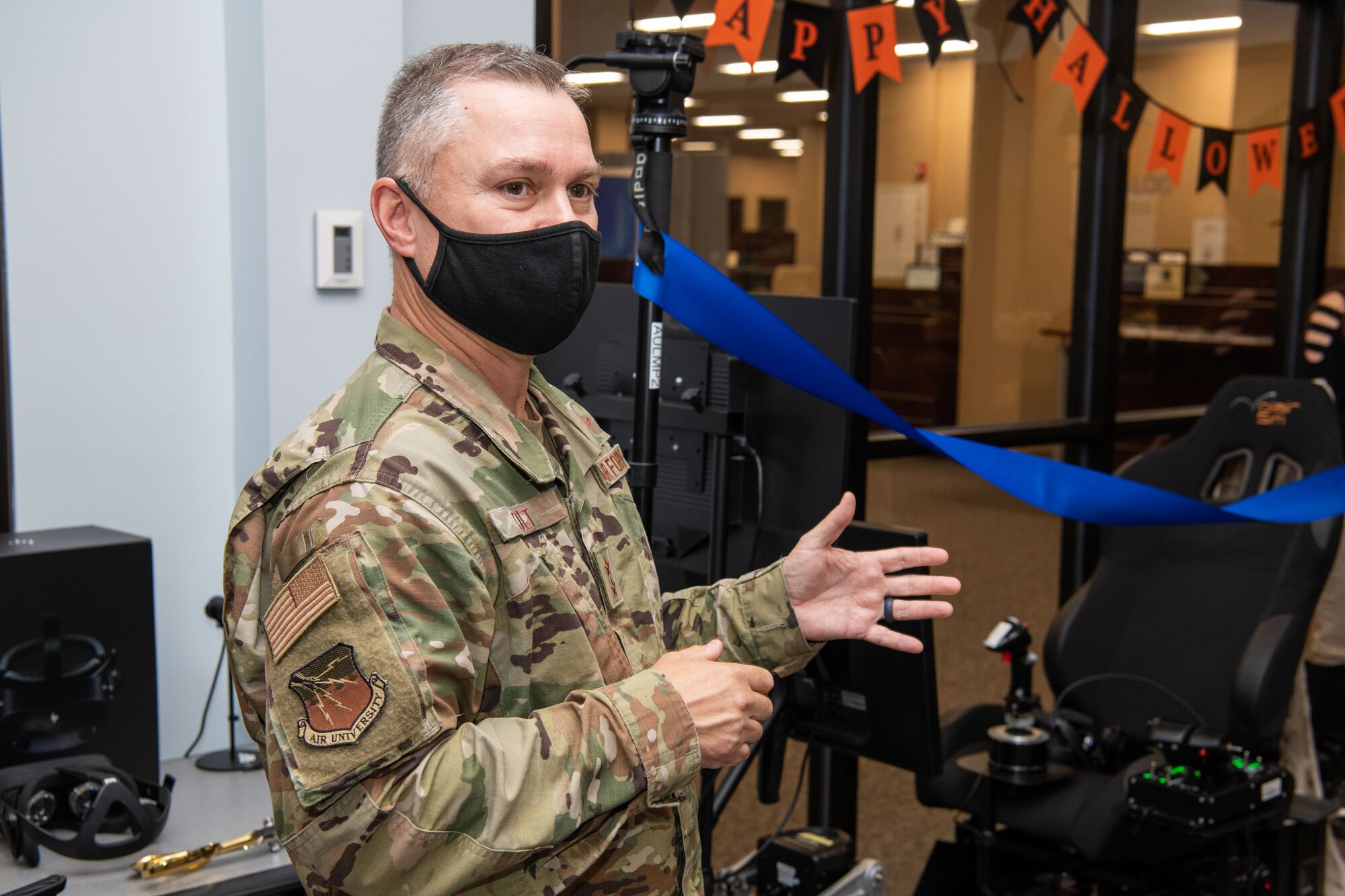 Maxwell AFB, Ala. - Air University Library and Immersive Learning and Simulation Research Task Force host a ribbon cutting for the new Pilot Training NEXT simulator October 28th 2021 in the Library’s Innovation Lab. (U.S. Air Force photo by William Birchfield)