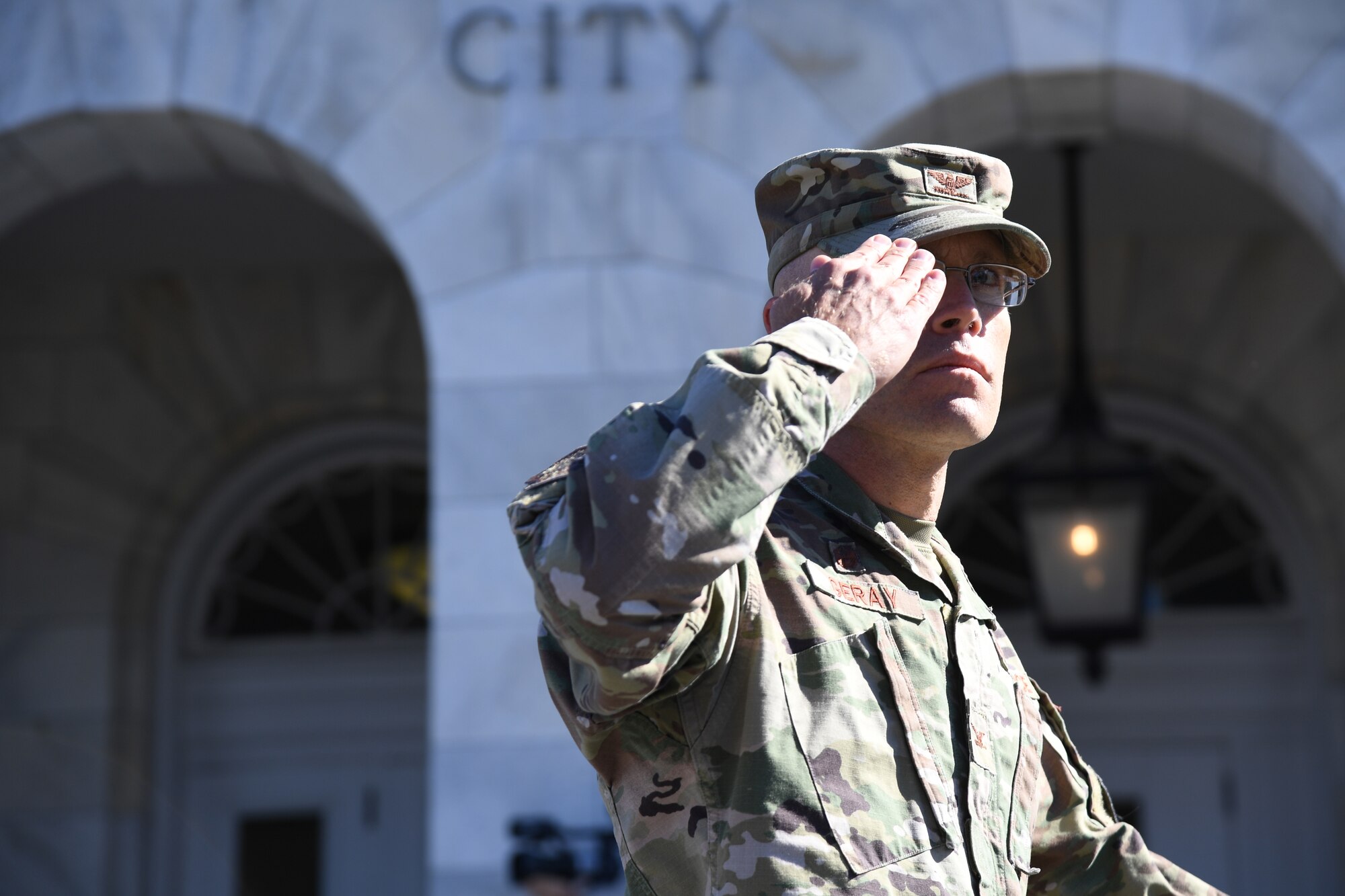 U.S. Air Force Col. Chance Geray, 81st Training Group commander, renders a salute during the 21st Annual Gulf Coast Veterans Day Parade in Biloxi, Mississippi, Nov. 6, 2021. Keesler Air Force Base leadership, along with hundreds of Airmen, attended and participated in the parade in support of all veterans, past and present. More than 50 unique floats, marching bands and military units marched in the largest Veterans Day parade on the Gulf Coast. (U.S. Air Force photo by Kemberly Groue)