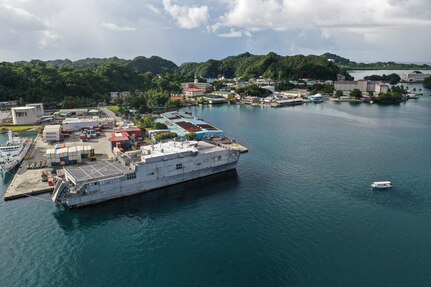 U.S. Military Sealift command’s Spearhead-class expeditionary fast transport ship, City of Bismarck, floats while docked at the Commercial Seaport of Palau in Koror, Republic of Palau, Nov. 5, 2021. Military Sealift Command Far East ensures approximately 50 ships in the Indo-Pacific region, including City of Bismarck, are manned, trained and equipped to deliver essential supplies, fuel, cargo, and equipment to warfighters, both at sea and on shore. The ship is currently supporting Task Force Koa Moana 21, I Marine Expeditionary Force by transporting gear and personnel from California to the Republic of Palau.